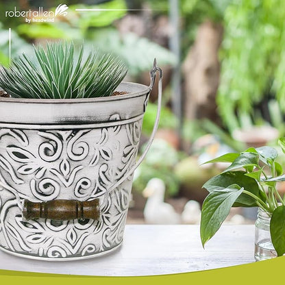 Headwind Robert Allen Vintage Floral Metal Planter with Handle, 12-Inch, Rustic White – Lightweight Indoor/Outdoor Flower Pot with Drainage Hole