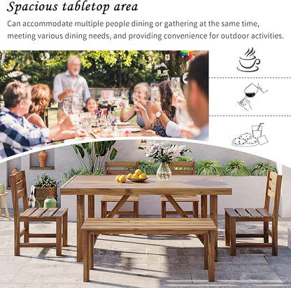 Outdoor, Residential Dining Table, 4-Chair ，Bench Set, 6PC,Wooden Frame,Patio, Balcony, Backyard,Gardens, Poolside