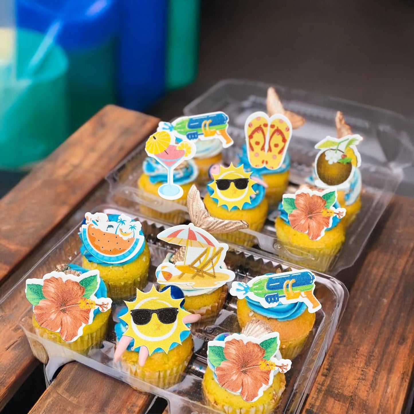 Ephlyn 54Pcs Edible Summer Beach Pool Cupcake Toppers Sun Flower Watermelon Water Gun Coconut Slippers Cupcake Picks Hawaii Theme Birthday Party Cake Decorations Supplies Red Yellow