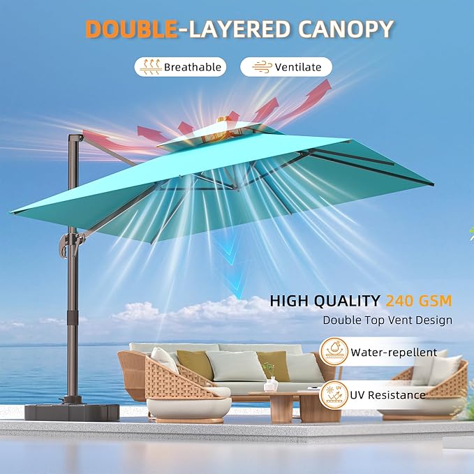 9' X 12' Cantilever Outdoor Patio Umbrellas with Base Included, Large Rectangle Umbrella Heavy Duty 360°Rotation Offset Umbrella for Garden Deck Pool Patio,Turquoise