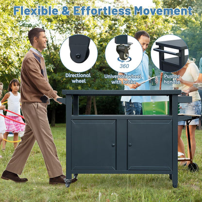 Grill Cart Outdoor with Storage Cabinet, Portable Rolling Patio Bar Cart with Wheels, BBQ Prep Table, Movable Stainless Steel Kitchen Island Dining Cart for Food/Drink/Cooking -Grey