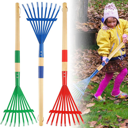 3Pcs Kids Rakes with Hardwood Handle - Metal Kids Leaves Rakes, 28" Child Size Lawn Rakes, Garden Tool Set for Kids Boys and Girls