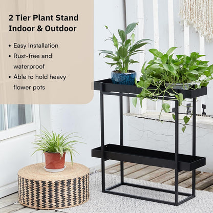 2 Tier Plant Stand Indoor Outdoor - 29 x 9 x 28 Inches Plant Shelf for Home and Office Decor - Narrow Plant Stand for Lawn, Patio, Balcony and Living Room - Heavy Duty Iron - Black