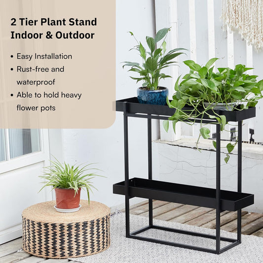 2 Tier Plant Stand Indoor Outdoor - 29 x 9 x 28 Inches Plant Shelf for Home and Office Decor - Narrow Plant Stand for Lawn, Patio, Balcony and Living Room - Heavy Duty Iron - Black