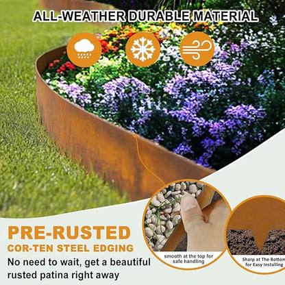 Hugeleaf 10 Pack 6.5 Inch Corten Steel Landscape Edging with 11 Pcs Metal Clips, Hammer-in Heavy Duty Metal Edging Pack of 10 (33 Feet Total Length) -Edge for Lawn Garden Yard, Above Ground 4.1 Inch