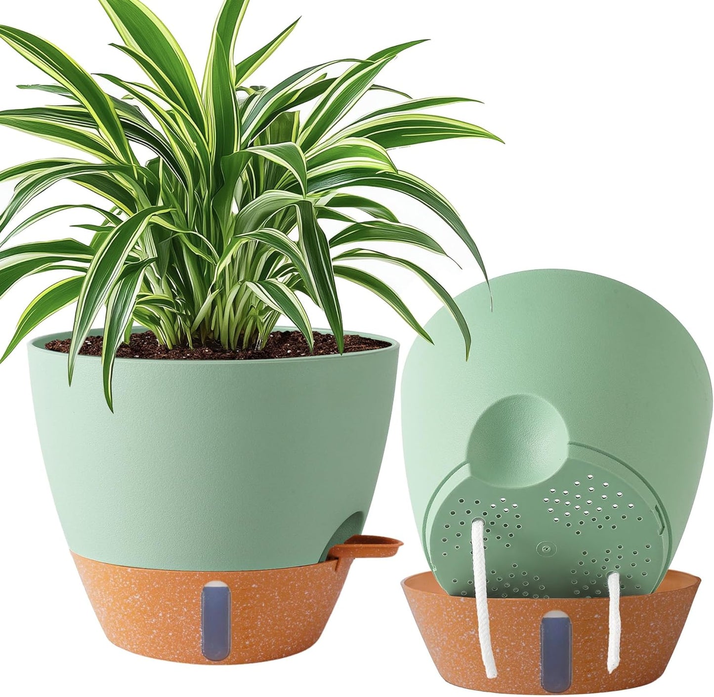 2 Pack 10 inch Plant Pots, Plastic Self Watering Planters with Drainage Holes, Deep Reservoir, Water Level Indicator, Modern Decorative Flower Pots for Indoor Outdoor Plants (Green, 10 inch)