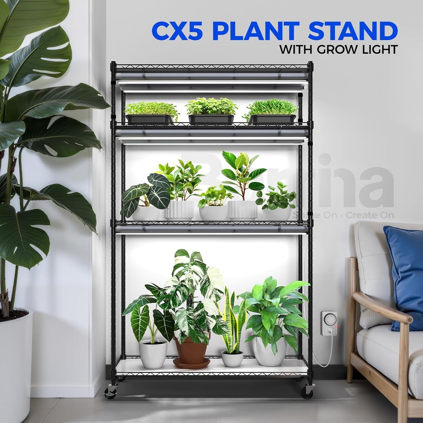 Barrina CX5 Plant Stand with Grow Lights for Indoor Plants, 4-Tier Plant Shelf with T8 3FT 30W(Per Light) Full Spectrum Grow Light for Seed Starting, Succulent, Settable Timer Socket 35.4"x13.8"x59"