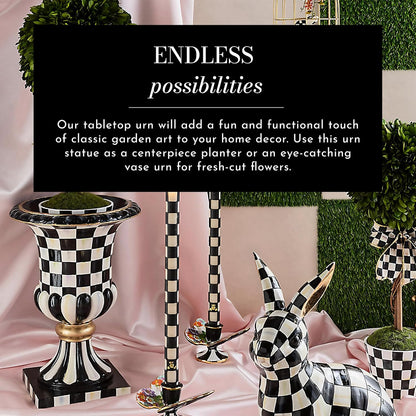 MACKENZIE-CHILDS Pedestal Tabletop Urn, Decorative Centerpiece for Table, Mantel, or Shelf, Tall, Gray-and-White Sterling Check