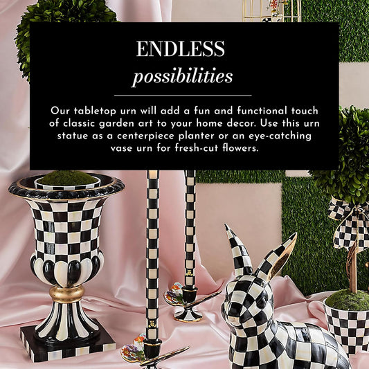 MACKENZIE-CHILDS Pedestal Tabletop Urn, Decorative Centerpiece for Table, Mantel, or Shelf, Tall, Gray-and-White Sterling Check