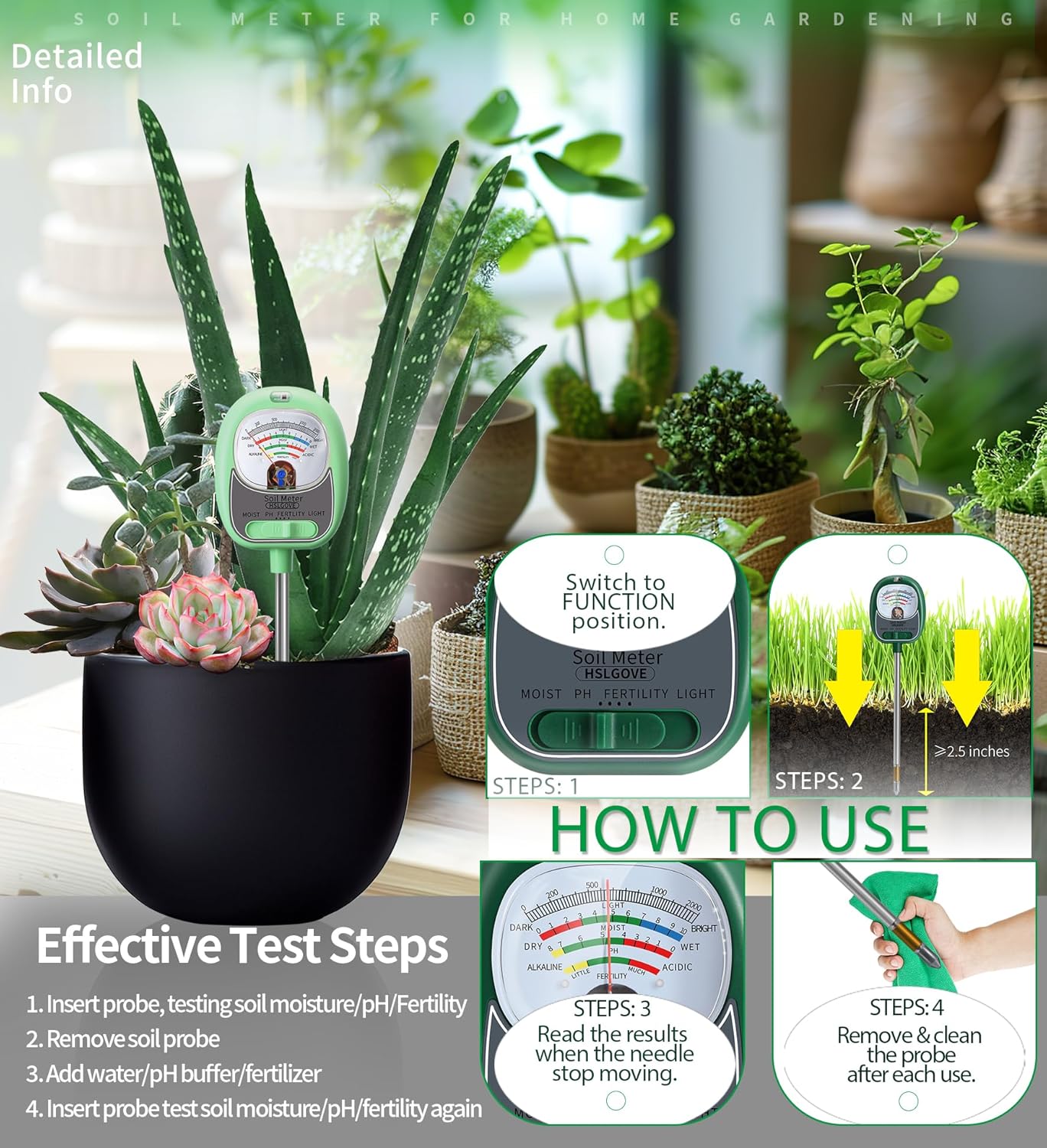 HSLGOVE 4-in-1 Soil Test Kit – Soil Moisture Meter, pH, Fertility & Sun-Light, No Battery Required, Large Dial Soil Tester for Indoor & Outdoor Gardening, Lawn, Farm – BabyGreen