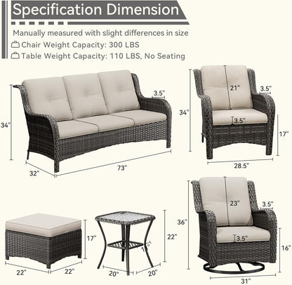 Wicker Patio Furniture Set 8-PCS with A 3-Seat Sofa, 2 Swivel Rocking Chairs, 2 Armchairs, 2 Ottomans and 1 Side Table Patio Conversation Set, Beige