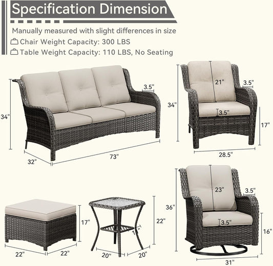 Wicker Patio Furniture Set 8-PCS with A 3-Seat Sofa, 2 Swivel Rocking Chairs, 2 Armchairs, 2 Ottomans and 1 Side Table Patio Conversation Set, Beige