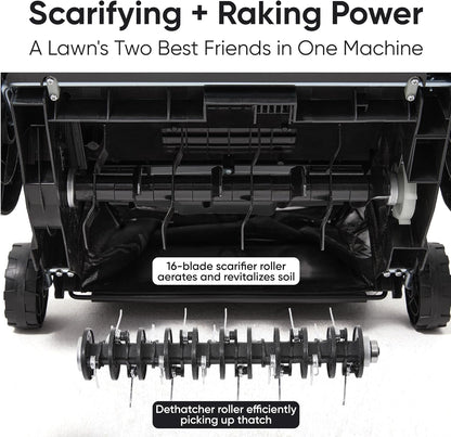 13-Inch 2-in-1 Electric Dethatcher and Scarifier Lawn Dethatcher with 8-Gallon Removable Thatch Collection Bag, 4-Position Depth Adjustment, 12 Amp, Quick-Fold, Keeps Lawn Healthy