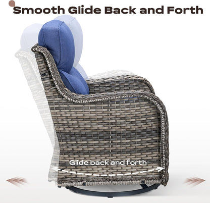 Wicker Outdoor Patio Furniture Set - 5 Piece Patio Conversation Sets with Swivel Rocker Chairs, Ottomans and Side Table, 6 inch Cushions, Waterproof Wicker, for Porch Deck Mixed Grey/Blue