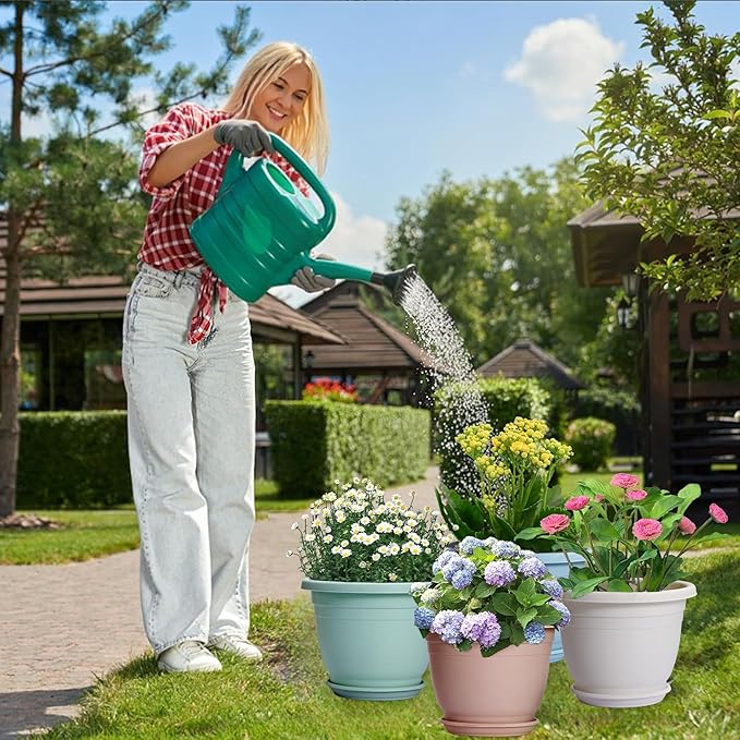 5 Packs 14 inch Flower Pots + Saucer, Planters for Indoor & Outdoor Plants with Drainage Holes | Plastic Flower Pots, Large Planter (White, 14 inch)