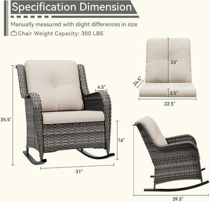 Outdoor Rocking Chair of 2, Wicker Patio Rocker Chair for Yard, Porch, Mixed Brown Grey Rattan, Beige Cushions