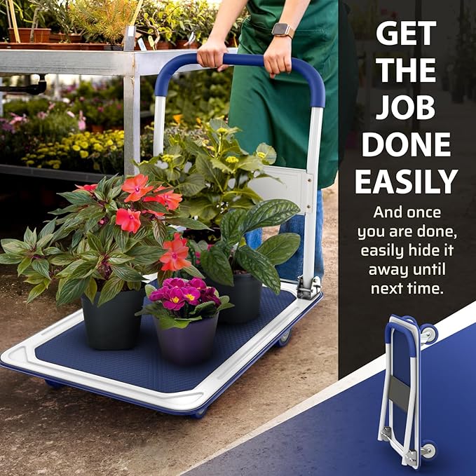 Heavy Duty Foldable Push Cart Dolly | 660 lbs. Capacity | Upgraded Collapsible Hand Truck Folding Platform with Swivel Wheels | Flat Bed Moving Wagon | Space Saving Push Handle (Blue)