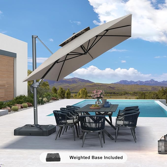 PURPLE LEAF 10' x 13' Cantilever Patio Umbrella Outdoor Umbrella with 330lbs Base Large Rectangular Windproof Offset Umbrella for Pool Deck Garden, Ash Mocha