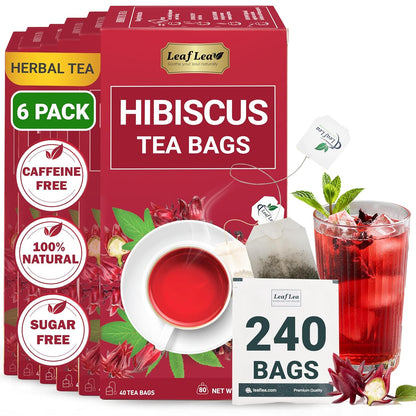LeafLea Hibiscus Tea Bags – 240 Count, Individually Wrapped, 100% Natural Hibiscus Flower Herbal Tea, Caffeine-Free, Sugar-Free, Non-GMO, Rich in Flavor & Color, Te de Hibisco, Jamaica Tea (Pack of 6)