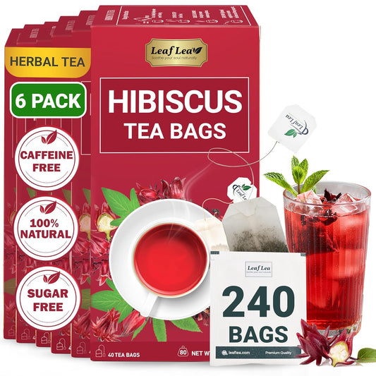 LeafLea Hibiscus Tea Bags – 240 Count, Individually Wrapped, 100% Natural Hibiscus Flower Herbal Tea, Caffeine-Free, Sugar-Free, Non-GMO, Rich in Flavor & Color, Te de Hibisco, Jamaica Tea (Pack of 6)