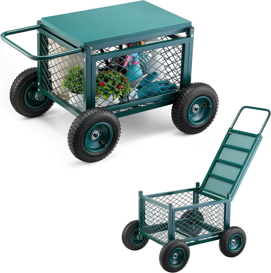 VEVOR Rolling Garden Cart with Seat, Metal Rolling Garden Work Seat with Wheels, Supports up to 400 LBS, Heavy Duty Gardening Cart Scooter, Outdoor Wagon & Stool on Wheels for Lawn, Patio, Backyard