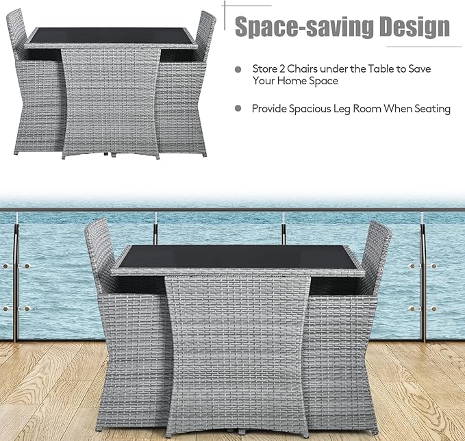 Tangkula 3 Pieces Patio Dining Set, Patiojoy Space-Saving PE Rattan Bistro Set with Tempered Glass Top Table and Cushioned Chairs, Outdoor Conversation Set for Garden, Backyard, Poolside, Porch (Red)