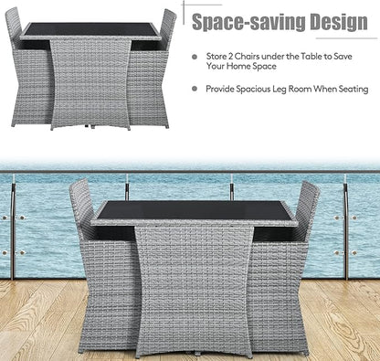 Tangkula 3 Pieces Patio Dining Set, Patiojoy Space-saving PE Rattan Bistro Set with Tempered Glass Top Table and Cushioned Chairs, Outdoor Conversation Set for Garden, Backyard, Poolside, Porch (Gray)