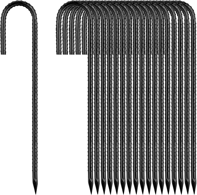 Ground-Stakes-Heavy-Duty-12 inch, J-Hook Rebar Stakes Black Coated Anti-Rust 50pcs Garden Stakes Metal Ground Anchors for Garden Dog Fence Chicken Coop Christmas Decorations Deer Fence