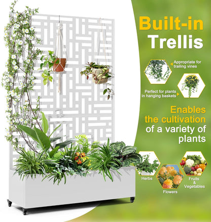 FENCY Metal Raised Garden Bed with Wheels and Trellis,73"x47"x16" Planter Box for Climbing Plants, Vegetables & Vines, Features Privacy Screen and Drainage Holes (White-Geometric Lattice)