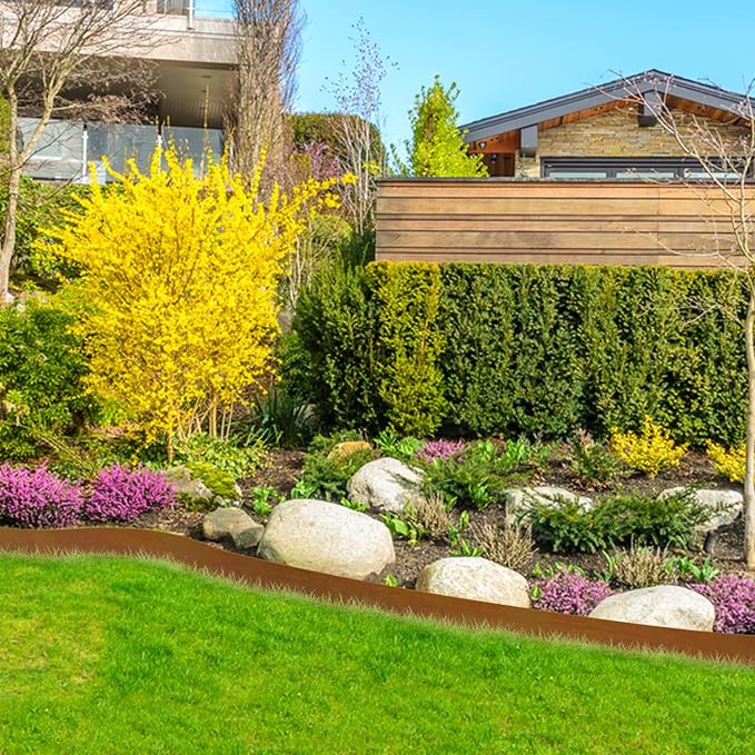 Hugeleaf 10 Pack 6.5 Inch Corten Steel Landscape Edging with 11 Pcs Metal Clips, Hammer-in Heavy Duty Metal Edging Pack of 10 (33 Feet Total Length) -Edge for Lawn Garden Yard, Above Ground 4.1 Inch