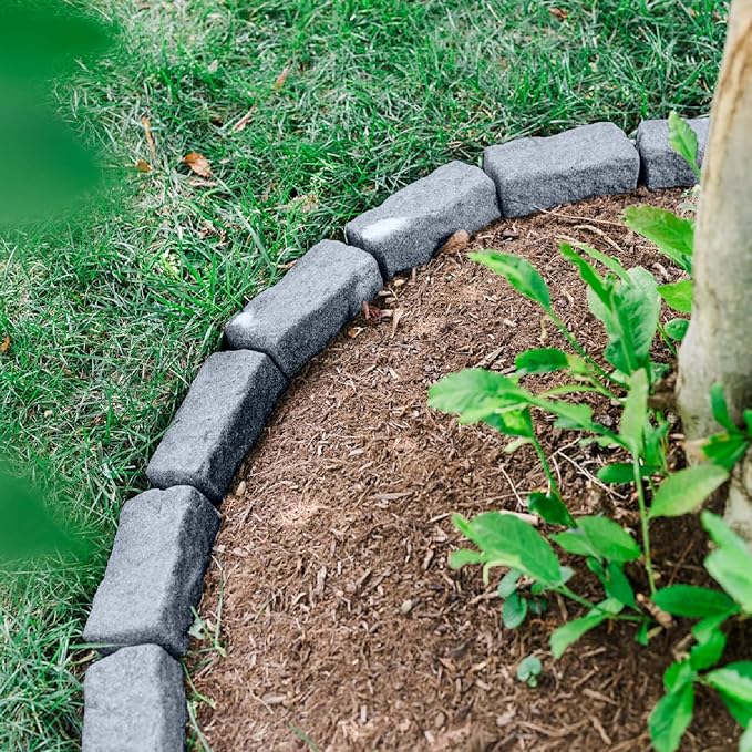 Beuta Landscape Edging | Garden Edging Border | Faux Stone Bricks for Lawn edging, Flower beds, Pathways & Yard Edging– 4 Packs | Each Section Has 6 Bricks 48"L x 4"W x 2.25"H | 12 Spikes |Greystone