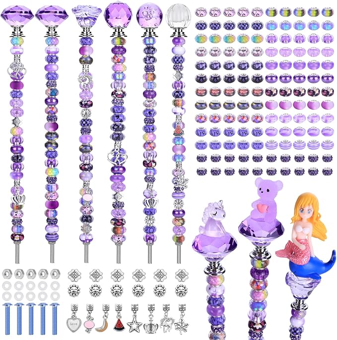 158 Pcs DIY Fairy Wand Garden Stakes Kit,Multiple Color Scheme European Beads Crystal Diamond Tops and 12 or 10 Inch Threaded Rods,Stainless Steel Stakes with Diamond Toppe(Purple)
