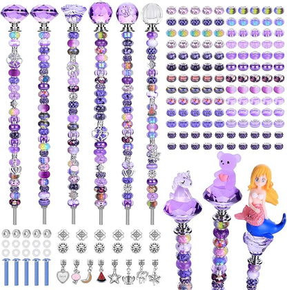 158 Pcs DIY Fairy Wand Garden Stakes Kit,Multiple Color Scheme European Beads Crystal Diamond Tops and 12 or 10 Inch Threaded Rods,Stainless Steel Stakes with Diamond Toppe(Purple)