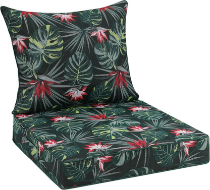 Favoyard Outdoor Seat Cushion 24 x 24 x 4 in Waterproof Pattern Fade Resistant Cover Removable Patio Furniture Cushions Deep Seat & Back Cushion Set with Adjustable Straps for Patio Chair Sofa Couch