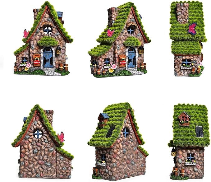 ASAWASA Resin Fairy House Statues with Solar Powered Lights, Funny Garden Sculptures with Flocked and Cobblestone Decor, Exquisite Garden Cottage Figurines