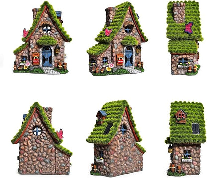 ASAWASA Resin Fairy House Statues with Solar Powered Lights, Funny Garden Sculptures with Flocked and Cobblestone Decor, Exquisite Garden Cottage Figurines
