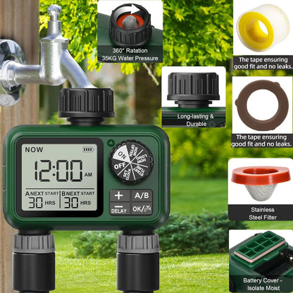 2 Outlet Sprinkler Timer, XinFuture Water Timer, Programmable Garden Hose Timer with Rain Delay, Manual& Automatic Watering System, Waterproof Irrigation Controller for 2 Separate Watering Zones