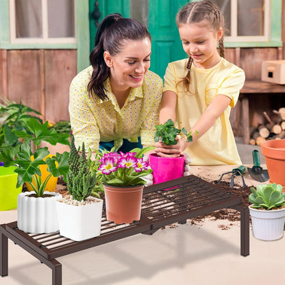 1 Tier Metal Plant Stand Indoor Outdoor, Potted Multiple Flower Pot Holder Rack Plant Shelf, Heavy Duty Planter Display Shelving for Patio Balcony Garden Living Room Decorative (Brown)