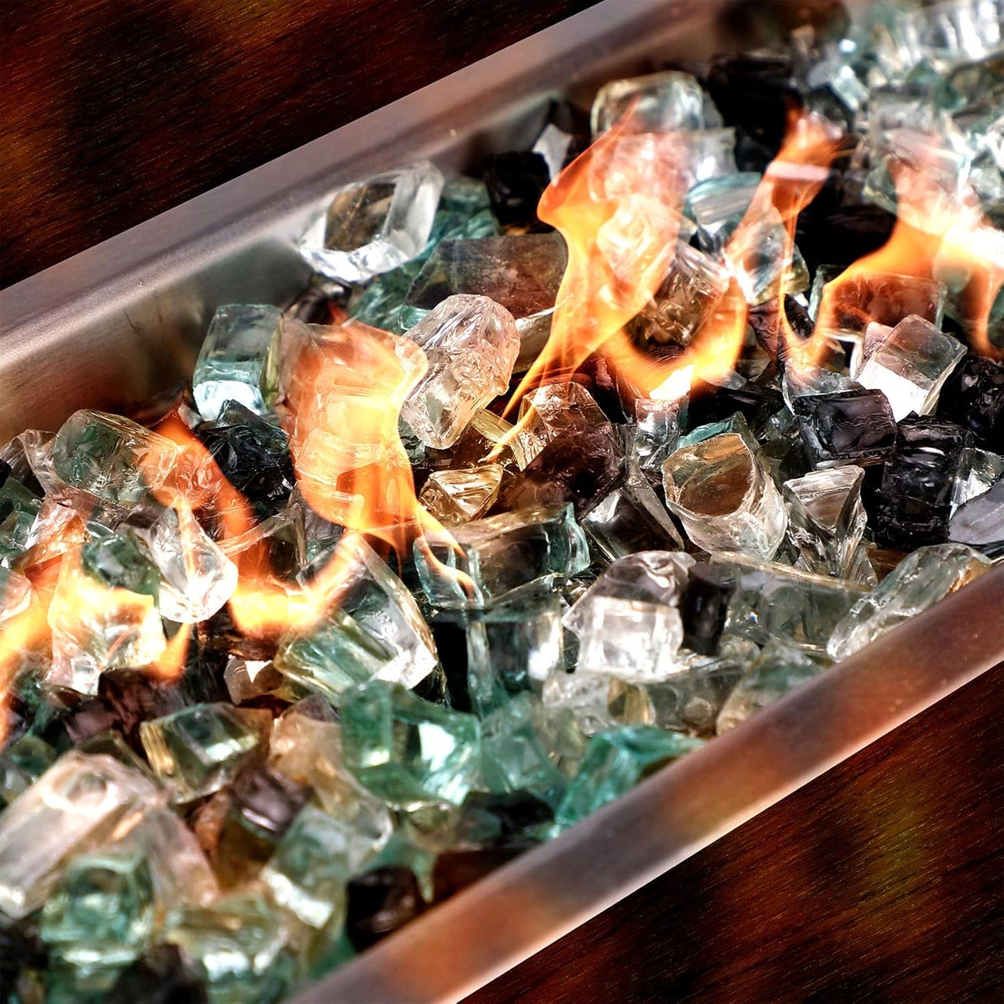 Mr. Fireglass 10 Pounds Blended Fire Glass - 1/2 Inch Mixed Colored High Luster Reflective Tempered Fireglass Rocks for Fireplace Fire Pit Table and Landscaping, Light Green+Onyx Black+Platinum