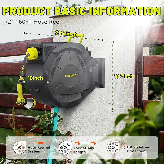 Retractable Garden Hose Reel 1/2 in x 160Ft Extra Long,Heavy Duty Automatic Water Hose Reel Wall Mounted with 10 Pattern Nozzle, Any Length Lock, Slow Return System, 180°Swivel Bracket