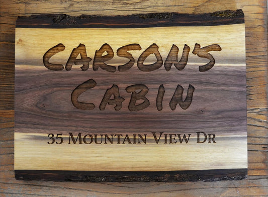 Personalized Cabin Sign Engraved Live Edge Walnut with Bark Custom Wood Family Name Address or Established Date Outdoor Inside Wall Handmade Unique Rustic Décor Gift (Cabin Lakehouse or Any Text Sign)