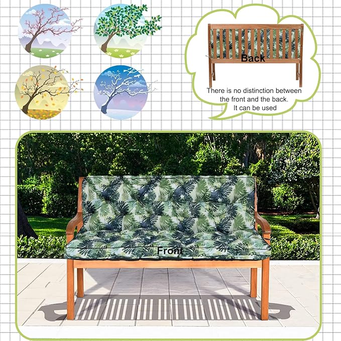 Swing Replacement Cushions with Backrest, 2 or 3 Seater Waterproof Non-Slip Overstuffed Swing Pad, Indoor/Outdoor Bench Cushion for Porch Chair Swing Garden Furniture (Leaves, 40 * 63 in)