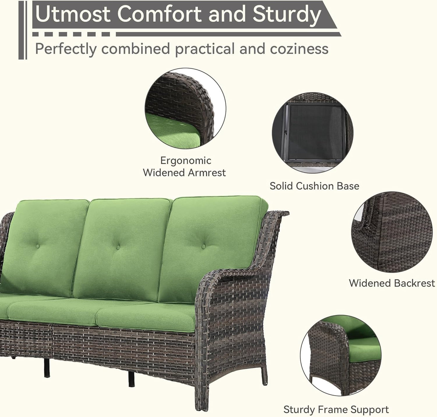 Wicker Patio Furniture Set 8-PCS with A 3-Seat Sofa, 2 Swivel Rocking Chairs, 2 Armchairs, 2 Ottomans and 1 Side Table Patio Conversation Set, Green