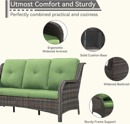 Wicker Patio Furniture Set 8-PCS with A 3-Seat Sofa, 2 Swivel Rocking Chairs, 2 Armchairs, 2 Ottomans and 1 Side Table Patio Conversation Set, Green