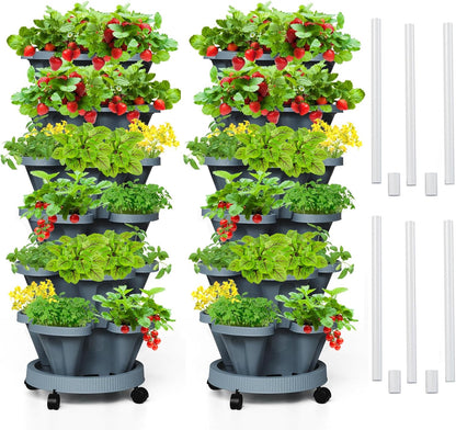 Strawberry Vertical Planter Tower Garden 2 Pack, 6 Tiered Stacking Planter with Support Pole, Stackable Herb Planter Indoor Outdoor Dark Grey