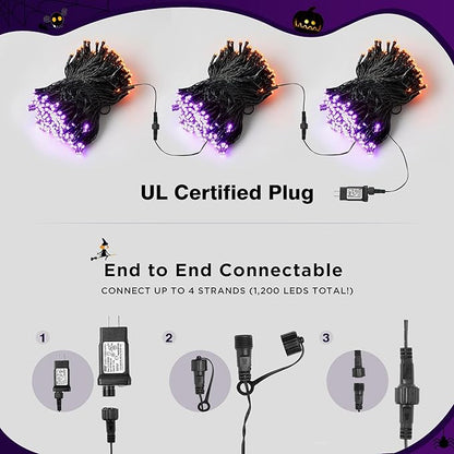 BlcTec Halloween Lights 300 LED 108FT Halloween String Lights with 8 Modes, UL Certified, Connectable, Waterproof, Timer for Outdoor Indoor Yard, Porch, Trees, Haunted House Decorations, Orange Purple