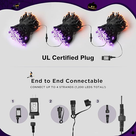 BlcTec Halloween Lights 300 LED 108FT Halloween String Lights with 8 Modes, UL Certified, Connectable, Waterproof, Timer for Outdoor Indoor Yard, Porch, Trees, Haunted House Decorations, Orange Purple