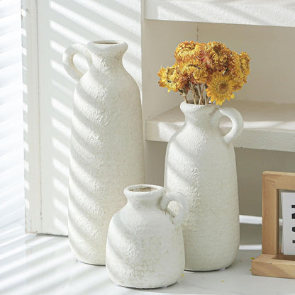 Ceramic Vase Set of 3 with Handle, Neutral Rustic Vases Home Decor Farmhouse Decorative Vase Whitewashed Pottery Decor Modern for Table Mantel Entryway Bookshelf Living Room Kitchen Bedroom - White
