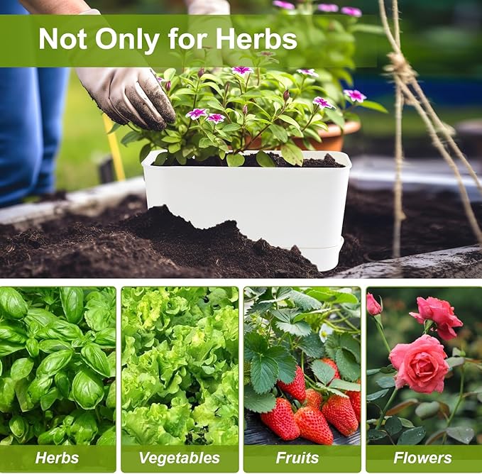 10 Inch Self Watering Planters for Indoor Plants: 2 Packs Rectangular Plant Pots with with Drainage and Tray, Window Pot Self Watering Planter for Herb, Houseplants