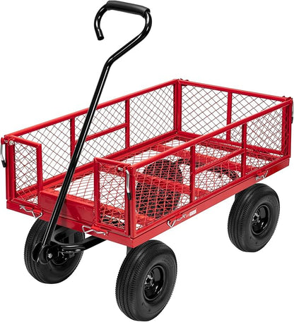 VIVOHOME Heavy Duty 880 Lbs Capacity Mesh Steel Garden Cart Folding Utility Wagon with Removable Sides and 4.10/3.50-4" Wheels 10 inch Tire(Red)